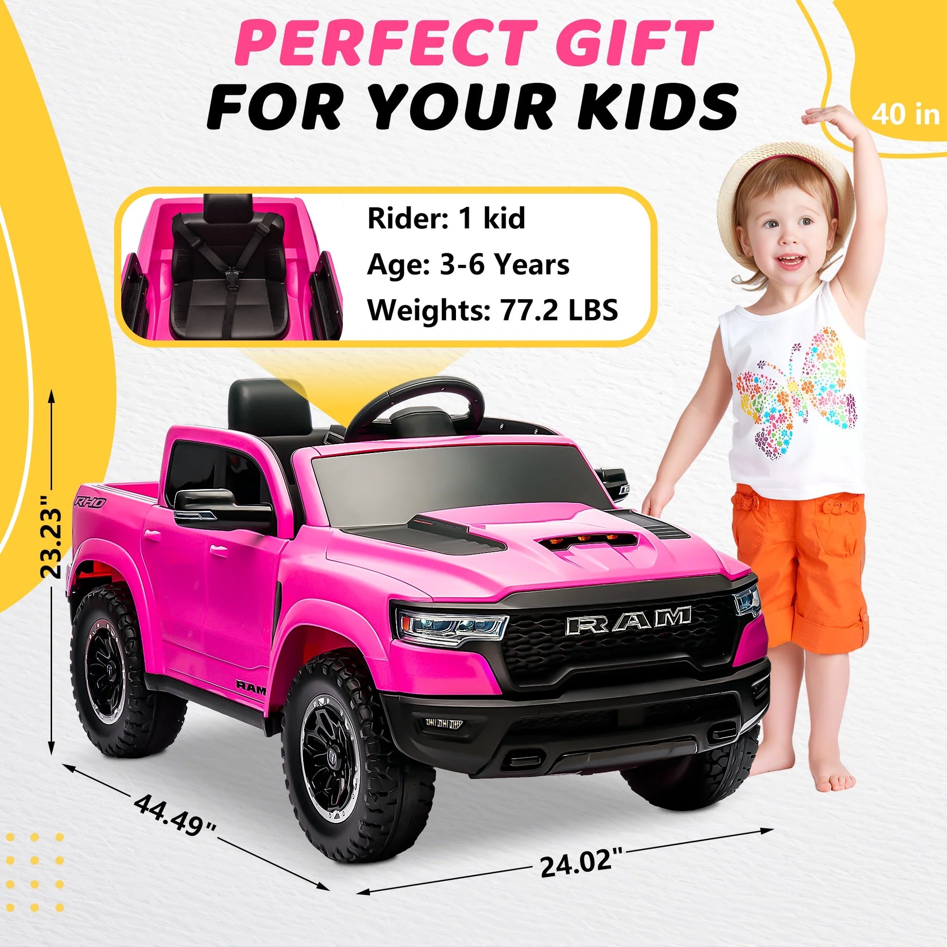 Dodge RAM Ride on Car, 12V Powered Ride on Toy with Remote Control, 4 Wheel Suspension, 5 Point Safety Belt, MP3 Player, Bluetooth, LED Lights, Electric Cars for 3-8 Years Boys Girls