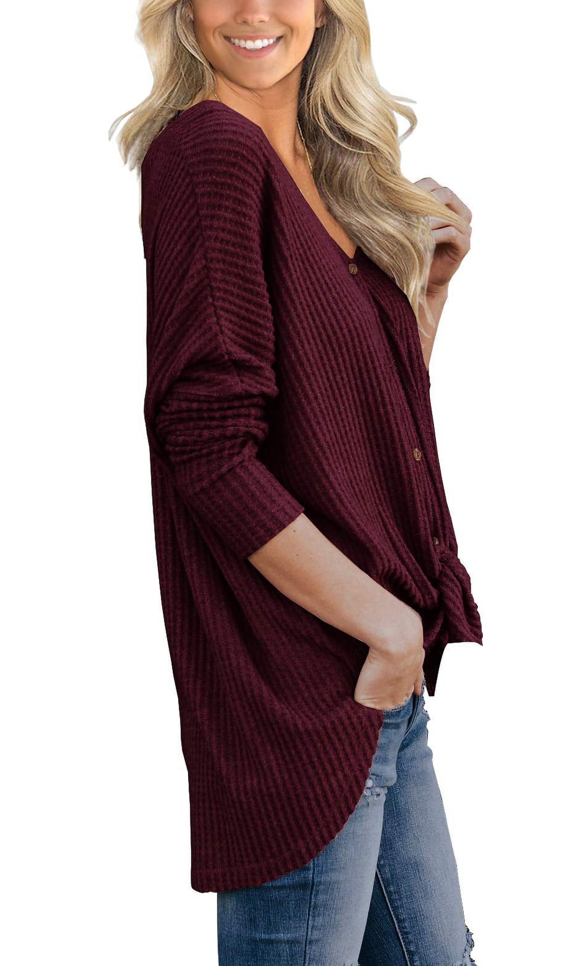 Womens Loose Blouse Long Sleeve V Neck Button down T Shirts Tie Front Knot Casual Tops Wine Red L