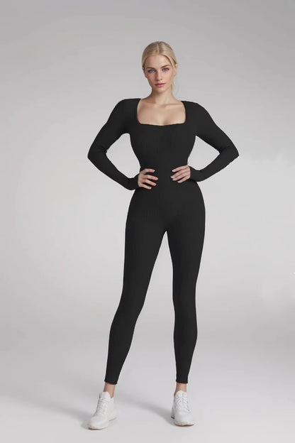 New Threaded Fabric High Quality Women Jumpsuits Long Sleeve Shapewear Hip Lift Yoga Exercise One Piece Jumpsuit with Long Pants